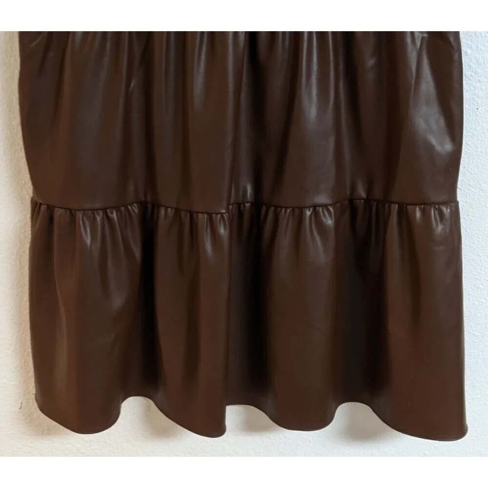 NEW~Women's EVEREVE Ella Brown Faux Leather Tiered Shift Dress M - Picture 8 of 12